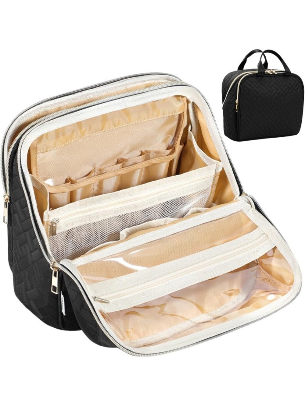 Large Capacity Makeup Bag - Travel Organizer with Brush & Mirror, Waterproof